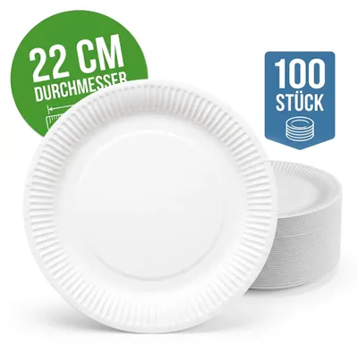 Produktbild von TEVORIA Pappteller 22 cm, 100 Stück, weiß, geriffelt