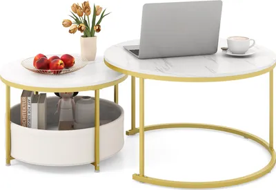 Two round coffee tables with marble-look tops and gold legs, one with a fabric storage basket underneath.