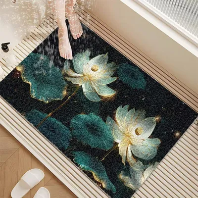 Obrázok produktu pre Protisklzová podložka pod sprchu, 75x120 cm, PVC, moderný vzor Lotus s odtokovým otvorom