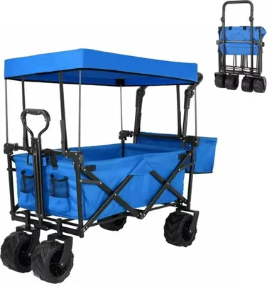 Produktbild von Faltbarer Bollerwagen XL – 262 l – Blau – 115kg Tragkraft – Gartenwagen mit Schubstange, abnehmbarem Sonnendach & All-Terrain-Rädern
