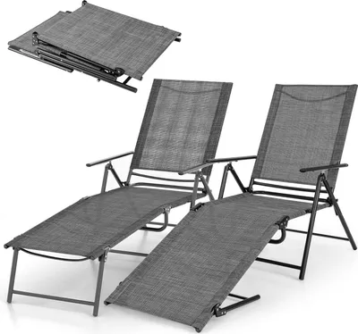 Immagine prodotto di Set da 2 sedie a sdraio da esterno, lettini da giardino con schienale e poggiapiedi regolabili, lettino pieghevole da esterno, grigio