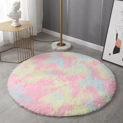 Zdjęcie produktu dla Okrągły dywan do salonu, wysoki włos, pluszowy, kolorowy, średnica 140 cm