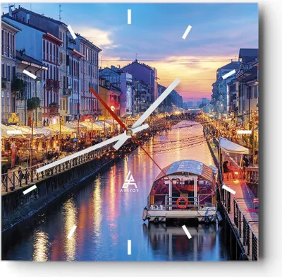Produktbild von Wanduhr - Quadrat - Glasuhr - Kanal Grande Abend - 30x30cm - Schleichendes Uhrwerk - Lautlos - zum Aufhängen bereit - Dekoration Modern - Wanddekoration aus Glas - C3AC30x30-4331