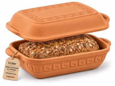 Produktbild von KERAZO 3,5 Liter Brotbackform mit Deckel aus Steingut, 33×16×14 cm, Bräter, Auflaufform, Gratinform, Schmortopf, Brottopf, ohne Glasur (Natur)