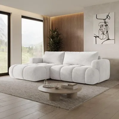 Image de Canapé d'angle MORELLO Cloud en bouclé avec mécanisme DL, fonction couchage 140 x 210 cm et coffre de rangement, version gauche – Monte 01