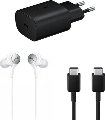 Produktbild von Samsung Starter Set Kit USB Type C 25W Wandladegerät, USB Type C 1,8m 3A Kabel, In-Ear Kopfhörer (Eco Pack) schwarz