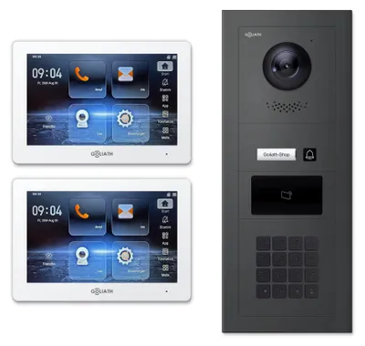 Produktbild von Goliath IP-Video-Türsprechanlage GL-IPH150M für 1 Familie – Zahlencode, RFID : 2 Monitore : 7 Zoll Weiß : Anthrazit : Aufputz Dose Monitor Anzahl: 2 Monitore Monitor Farbe: 7 Zoll Weiß Montage: Aufputz Dose Türklingel Farbe: Anthrazit