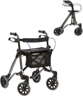 Two rollators are shown against a white background. The larger one in the foreground is a four-wheeled rollator with a seat and basket. The smaller one in the background is a three-wheeled rollator.