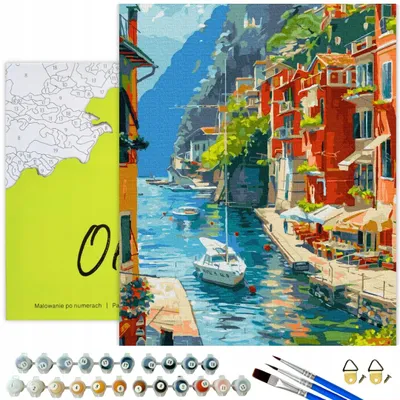 Produktbild von Oh Art! Malen nach Zahlen Landschaft – Italienisches Dorf am Meer 40x50cm Leinwand mit Rahmen, 30 Acrylfarben, 3 Pinsel und Zubehör Set für Erwachsene