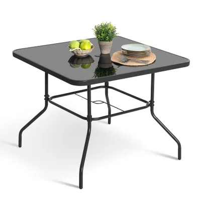 Produktbild von Outdoor Esstisch mit Schirmloch und Tischplatte aus gehärtetem Glas, Schwarz
