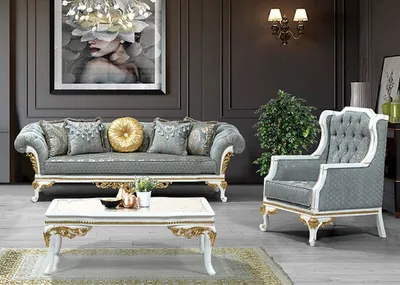 Produktbild von Casa Padrino Luxus Barock Wohnzimmer Set Türkis / Grau / Weiß / Gold - 2 Sofas mit Muster & 2 Sessel mit Muster & 1 Couchtisch - Prunkvolle Barock Wohnzimmer Möbel