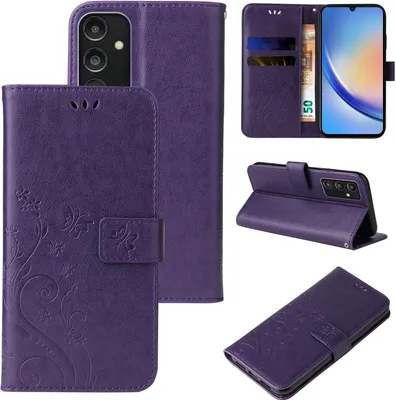 Produktbild von Handyhülle für Samsung Galaxy A34 5G Floral Blumen Schmetterling Flip Cover Hülle Case Klapphülle Handytasche Farbe: Violett