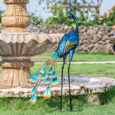 Image de Figurine de jardin pour l'extérieur, 89 cm de haut, paon, en métal, sculpture, debout, pour l'intérieur et l'extérieur, pour décorer les pelouses et les terrasses, cadeau pour femmes (L)