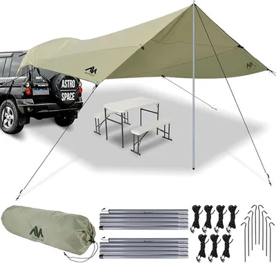 Immagine prodotto di Tenda da tetto per auto, impermeabile, telo parasole per campeggio, tenda da tetto, portapacchi, tettoia parasole con protezione UV (UV80) e rivestimento impermeabile, adatta per auto, SUV, camper, furgoni, uso esterno (485 x 427 cm)