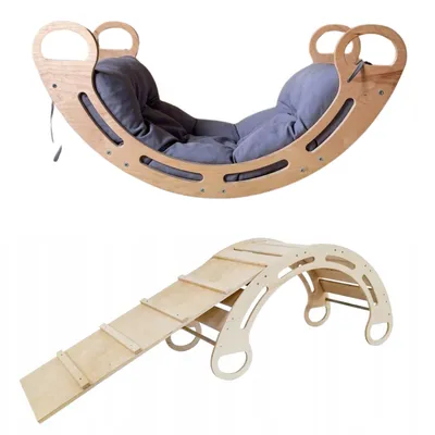 Obrázek produktu pro Montessori houpačka s polštářem (v šedé barvě) a skluzavkou, přírodní, 85 cm, 5 v 1, 7 v 1, CE