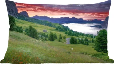 Produktbild von MuchoWow® Zierkissen Sofakissen Wohnzimmer Dekokissen 60x40 cm Gras - Berge - Abend - Kopfkissen - Polster mit Foto