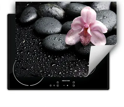 Produktbild von DarHaus Herdabdeckplatte 80x52 cm Anti Rutsch Matte Aufrollbar, schwarz - Tropfen - Blume