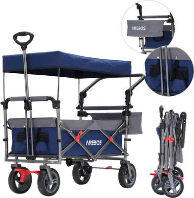 Produktbild von AREBOS Bollerwagen Premium faltbar mit Dach | Handwagen Transportwagen | bis 100 kg Tragkraft | Vorder-& Hinter-Bremse | Inkl.Tragetasche Blau
