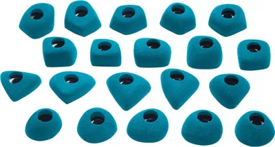 Set von 20 blauen Klettergriffen; verschiedene Formen; aus Kunststoff; für Kletterwände; Modell "Footholds Set 1 Bolton" von Ocun.