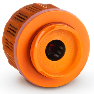 A close-up, angled view of an orange water filter cartridge against a white background.