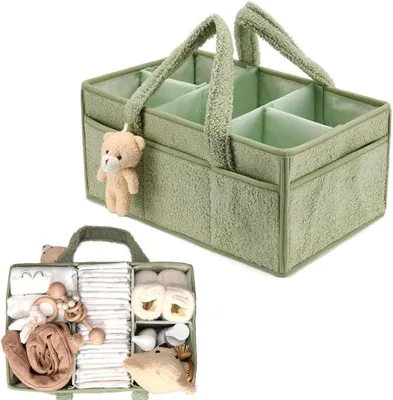 Imagen del producto de Contenedor portátil para pañales, de color gris, con compartimentos y asas, ideal para accesorios para bebés