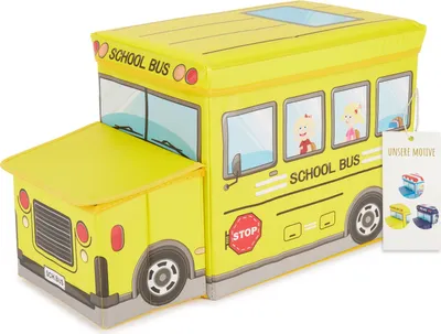 Produktbild von Bieco Aufbewahrungsbox mit Deckel Kinder Schulbus, faltbar, Sitzhocker mit Sitzgelegenheit, und Polsterung, Spielzeugkiste mit Stauraum, Sitztruhe, Jungen & Mädchen, 46 L, Belastbar bis 80 Kg, gelb