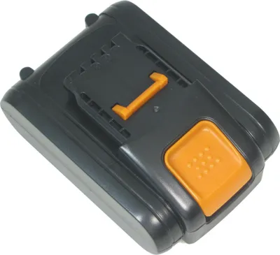 A black and orange battery pack is shown from a diagonal angle against a white background.