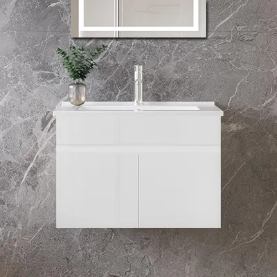 Produktbild von 60cm Dünn Keramik Waschtisch mit Unterschrank Badmöbel Set mit Türs Soft-close - Hochglanz Weiß