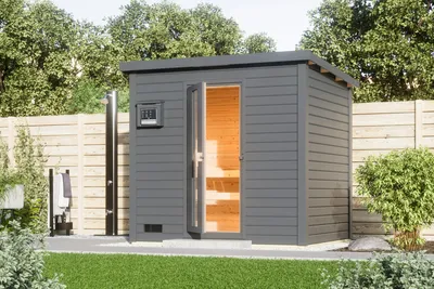 Produktbild von Karibu Saunahaus Außensauna Gartensauna Hytti 3 terragrau lackiert Ofen 9 KW externe Strg easy 38mm Massivholz 231x196x238 cm