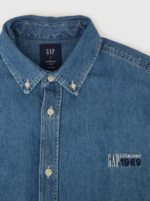 Produktbild von Gap Übergroßes Kurzarm Jeanshemd S Dunkelblau mit klassischem Kragen und Stickerei
