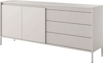 A beige sideboard with two doors and three drawers on a white background.