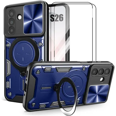 Image de Coque + 2 Verres Trempés pour Samsung Galaxy S26, Antichoc avec Anneau Magnétique - Bleu Marine