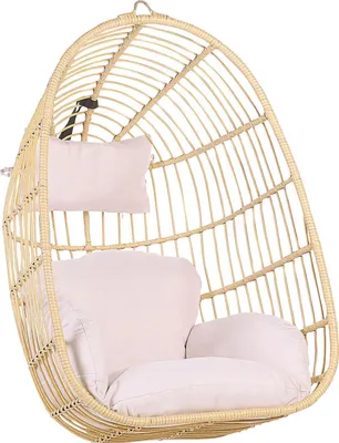 Zdjęcie produktu dla BELIANI Fotel wiszący beżowy rattanowy bujany jajo z poduchami styl boho