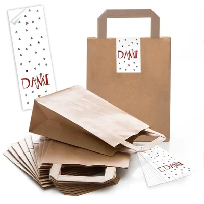 Produktbild von kleine braune Geschenktüte mit Boden (18 x 8 x 22 cm) + Aufkleber „Danke“ mit HERZEN 10 Stück50 Stück