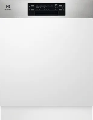 A front view of a white Electrolux dishwasher with a silver control panel.