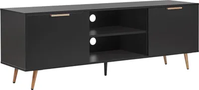 Produktbild von BELIANI TV-Möbel Schwarz Faserplatte mit 2 Schänken und 2 Fächern Kabelführung goldene Metallbeine Retro-Stil Wohnzimmer Schlafzimmer Möbel