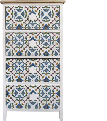 Immagine prodotto di Rebecca Mobili Cassettiera colorata, stampe maioliche, 4 cassetti in legno, bianco blu