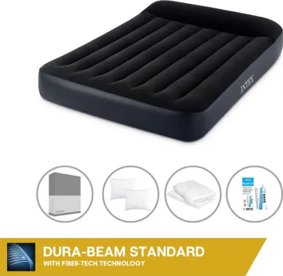 Produktbild von Intex Luftbett - 2 Personen - 137 x 191 x 25 cm - Schwarz - Mit eingebauter Pumpe + Spannbettlaken Anthrazit + Kopfkissen + Molton 2 in 1 Kissenbezüge + Reperaturset