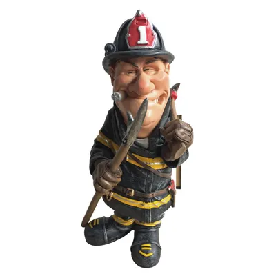 A cartoonish figurine of a firefighter holding tools.