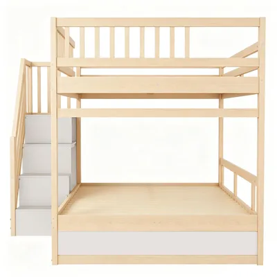 Produktbild von Flieks Etagenbett 140x200cm mit Kleiderschrank und Schublade, Kinderbett Hochbett mit Treppe und Lattenrost, Stockbett mit Rausfallschutz, Holzfarbe