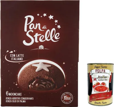 Produktbild von 12x Mulino Bianco Kekse Mooncake Pan di Stelle, Tortino al Cioccolato, Schokoladenkuchen, Kuchen mit Kakao 210g + Italian Gourmet polpa 400g