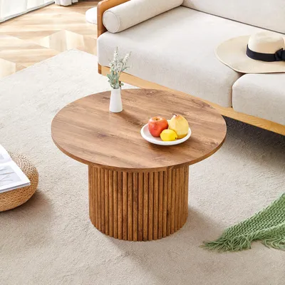 Produktbild von Runder Couchtisch 70 cm, römisches Säulendesign, MDF mit Holzmaserung, integrierter Stauraum