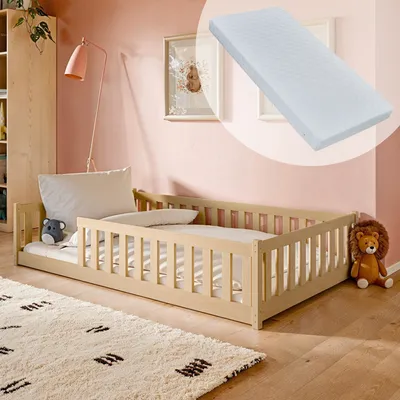 Image de Lit d'enfant lit de sol 120x200 cm Lit avec matelas, protection contre les chutes & sommier Montessori Enfants Lit d'adolescent | pin naturel massif garçon fille