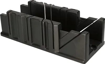 A black plastic miter box is shown from a three-quarter angle against a white background.