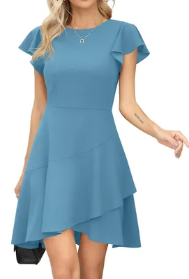 Produktbild von A-Linien-Cocktailkleid mit Rüschen und Rundhalsausschnitt – Hellblau