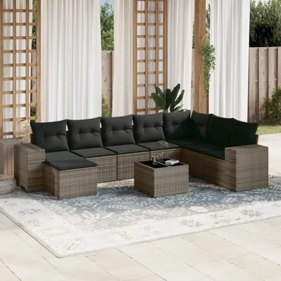 Produktbild von Design 9-tlg. Garten-Sofagarnitur mit Kissen Grau Poly Rattan, Gartenmöbel-Sets 2024 Neu