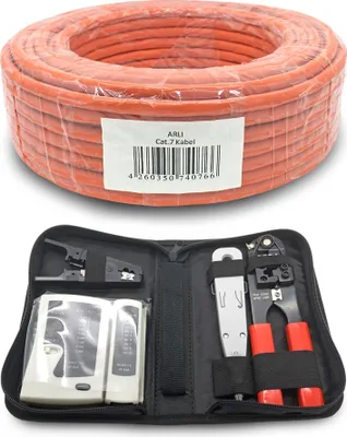 Produktbild von ARLI Cat7 Verlegekabel 100m Netzwerkkabel + Werkzeug Set inkl. Crimpzange + LSA + Tester + Messer