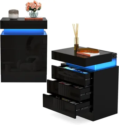 Produktbild von 2x Nachttisch mit LED, Nightstand Schwarz mit 3 Schubladen und oberer Aufbewahrung,Beistelltisch,Kommode,Bettschrank,Schlafzimmer, Möbel, 40x35x61cm