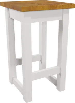 A white bar stool with a wooden top on a white background.