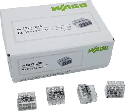 A box of WAGO connectors with several individual connectors shown in the foreground.